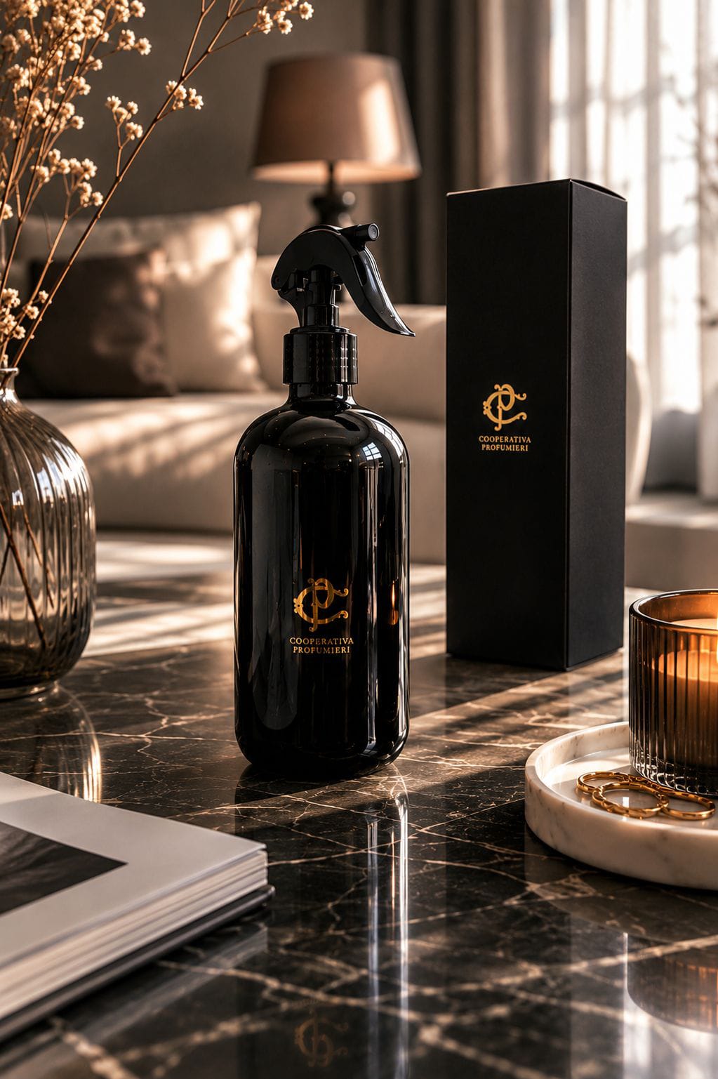 Spray d’ambiance Cooperativa Profumieri noir et son coffret, sur un plateau de marbre